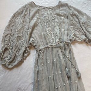 LoveShackFancy gray embroidered maxi dress dolman small oversized gauzy eyelet